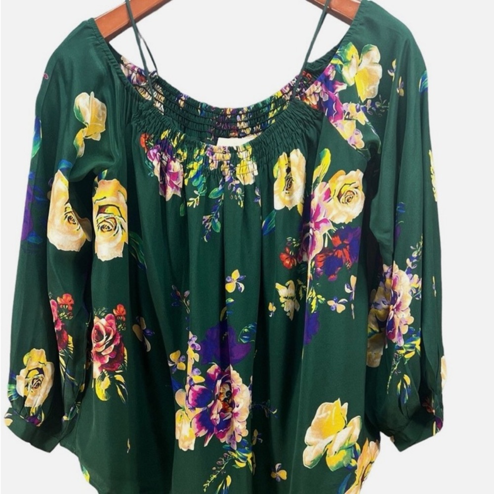 Anthropologie Maeve Tallie Open Shoulder Silk Blouse Size S Medium Green Floral